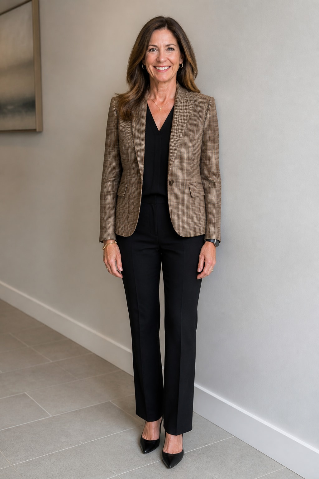 Checked Blazer and Black Trousers