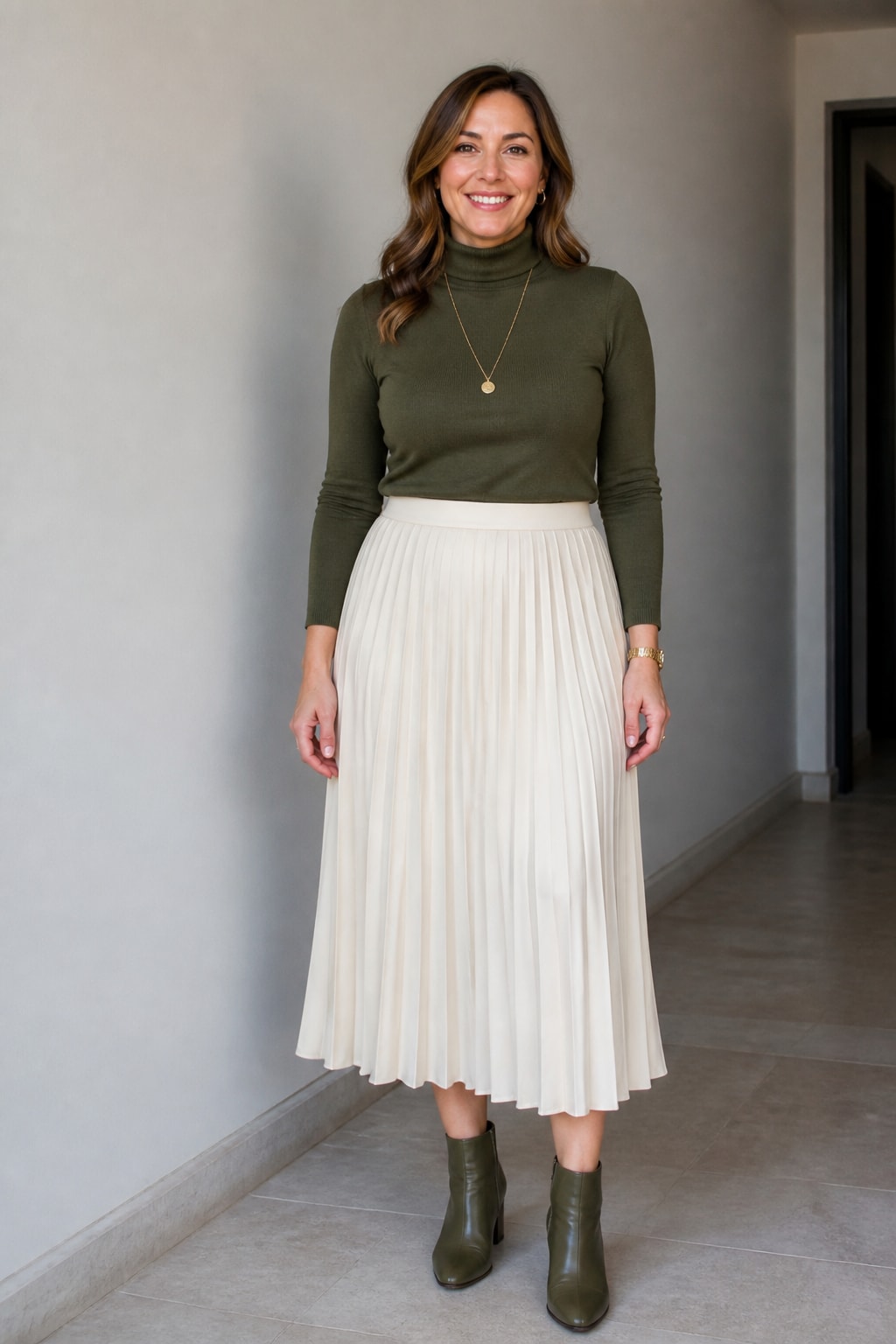 Pleated Midi, Turtleneck, and Boots