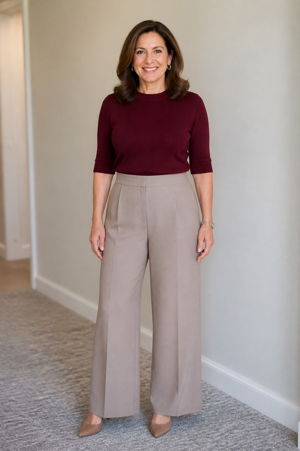 Taupe Wide-Leg Pants and Tucked Knit