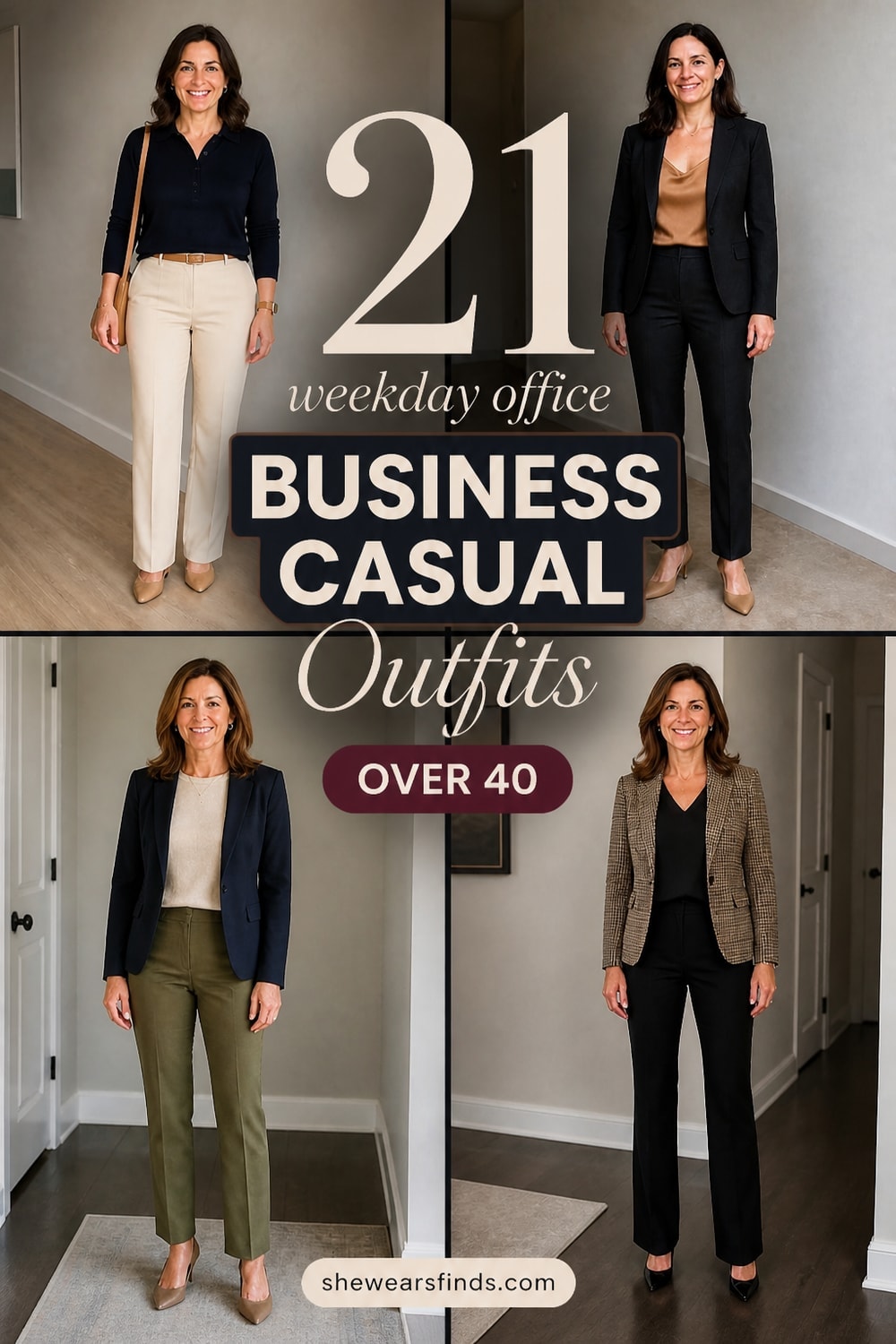 Collage of business casual outfits for women over 40 featuring blazers, trousers, midi skirts, and knit dresses in neutral and jewel tones.