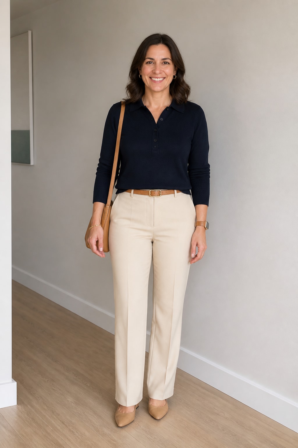 Cream Trousers and Navy Knit Polo