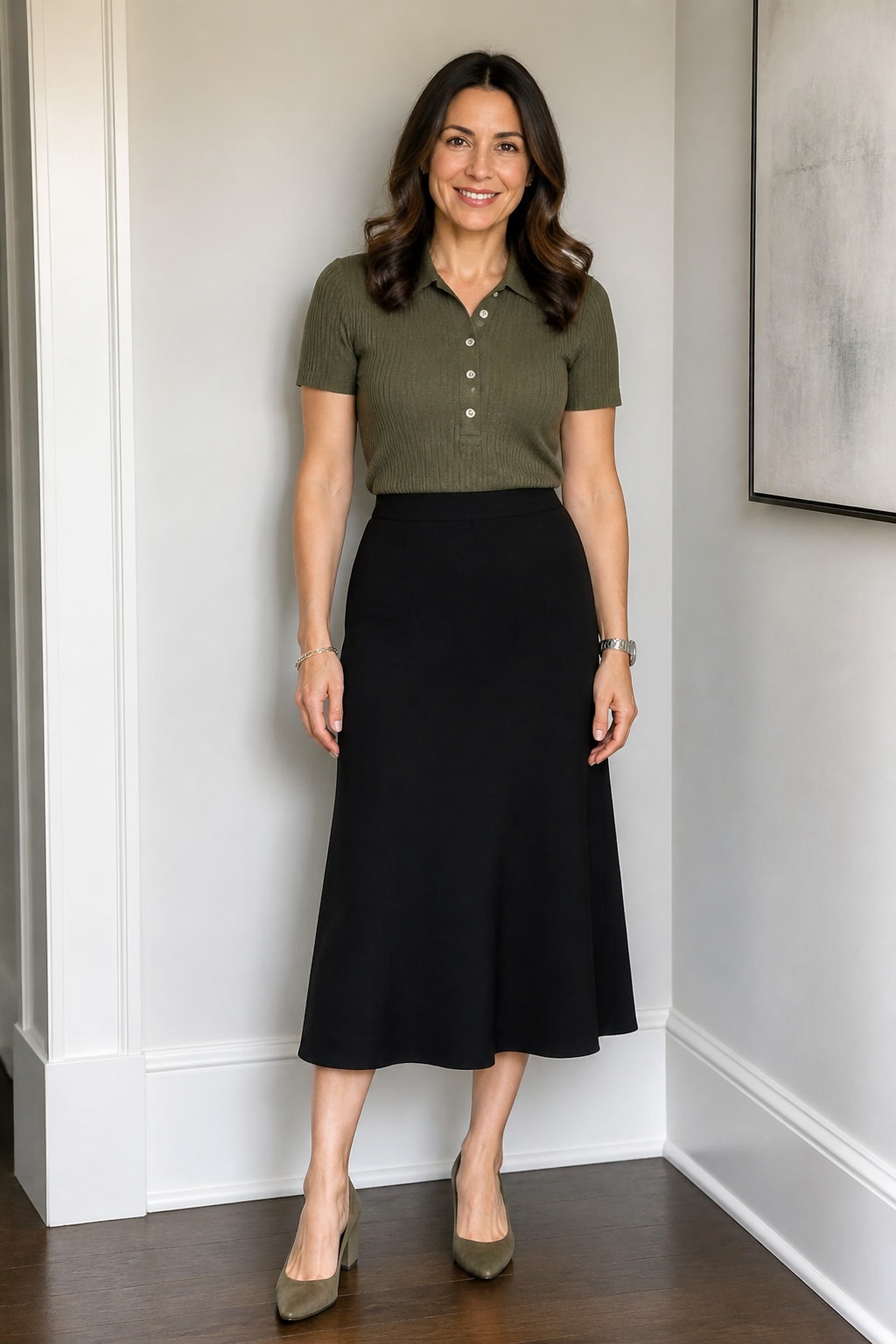 Black Midi Skirt and Knit Polo