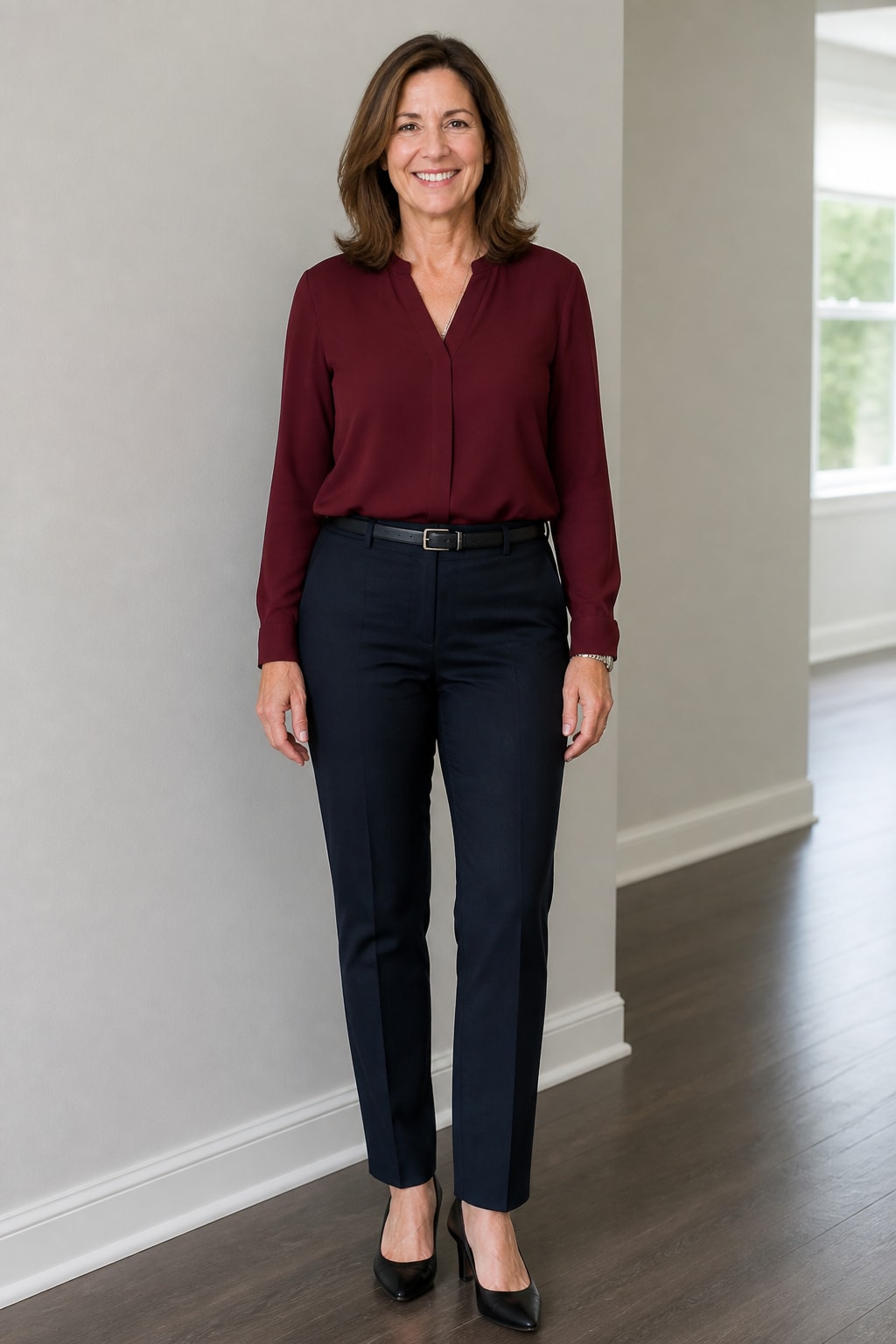 Burgundy Blouse and Navy Trousers