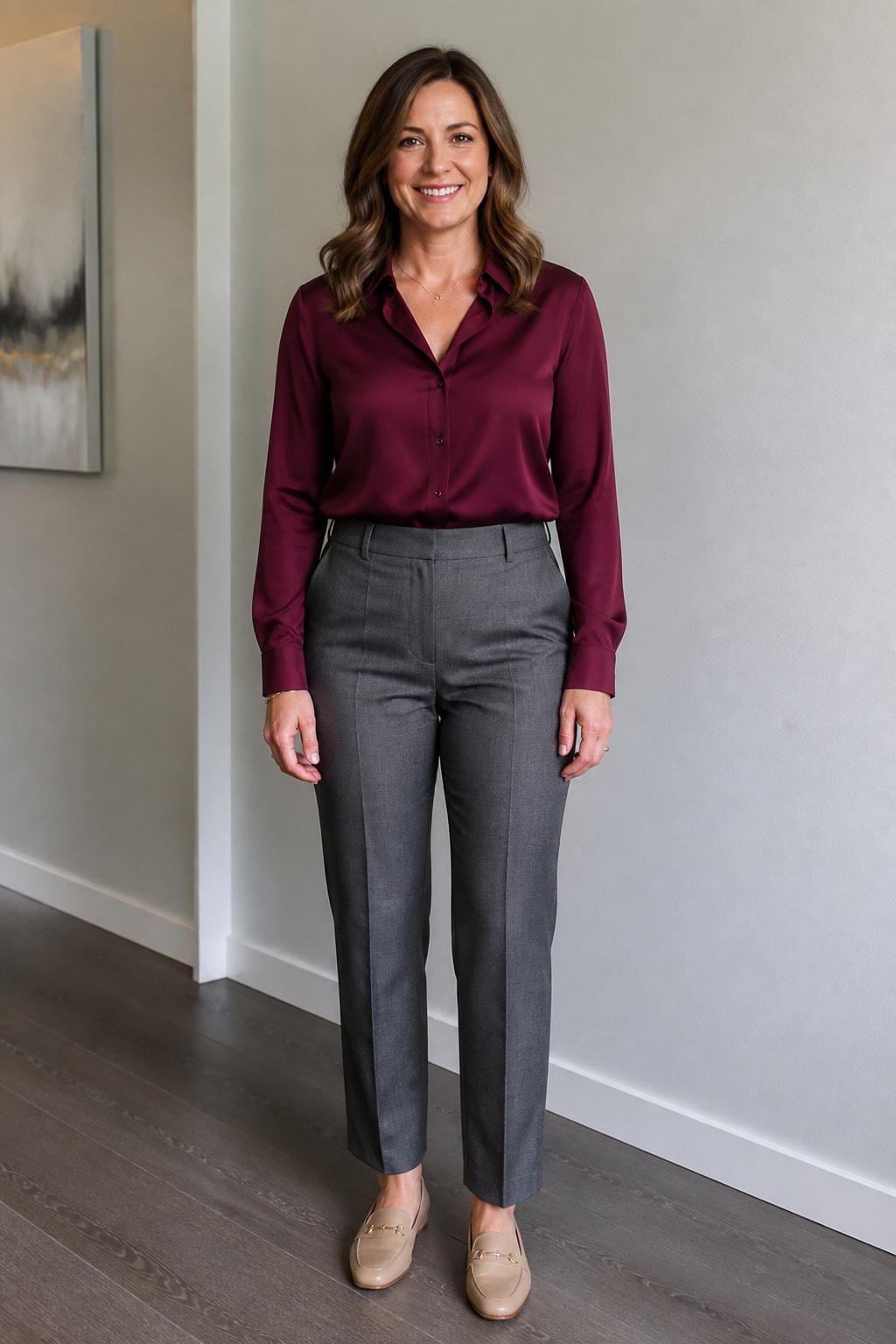 Grey Trousers and Tucked Silk Blouse