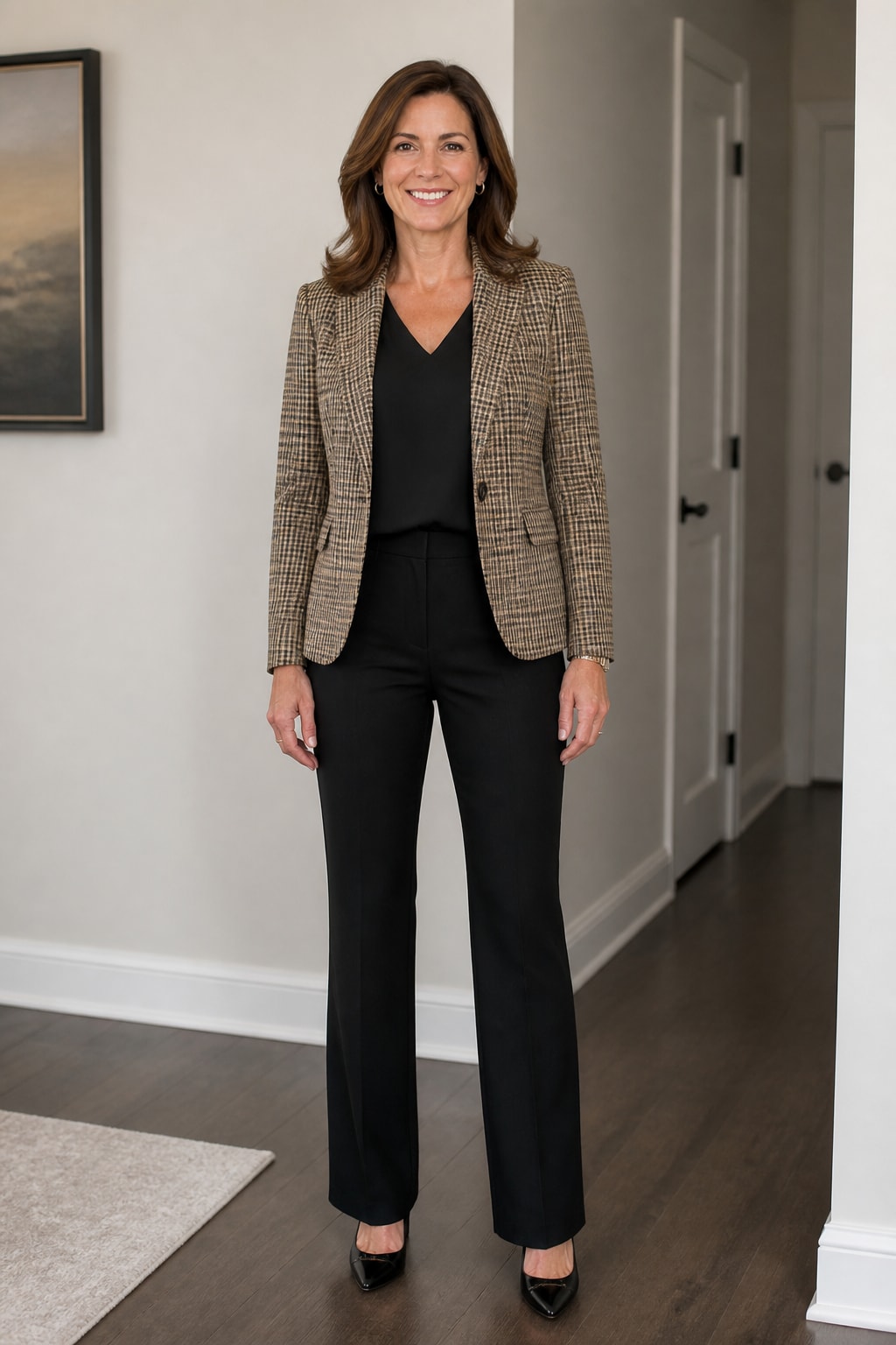 Checked Blazer and Black Trousers