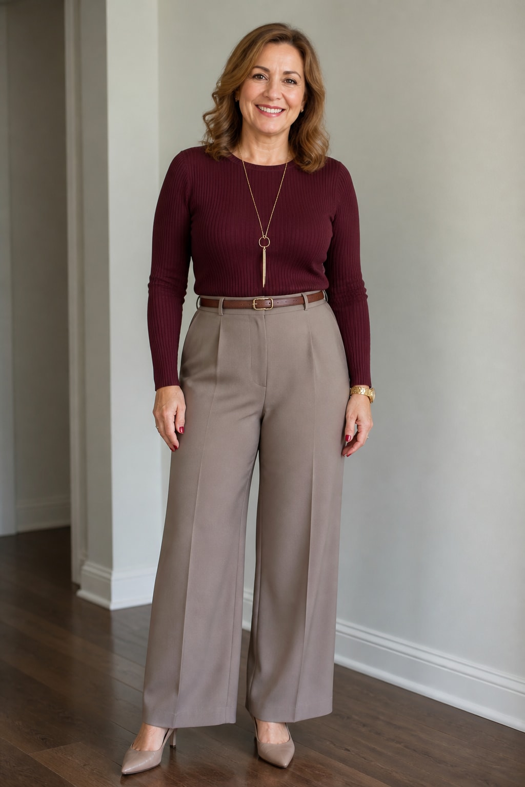 Taupe Wide-Leg Pants and Tucked Knit