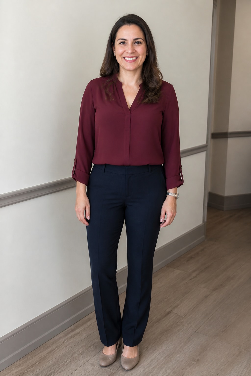 Burgundy Blouse and Navy Trousers