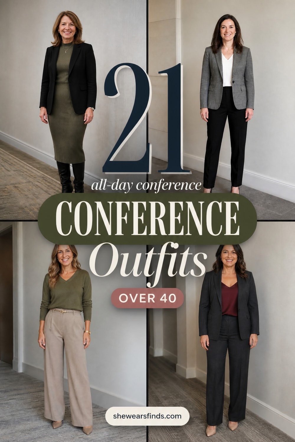 Grid of 21 professional conference outfit ideas for women over 40 featuring blazers, dresses, trousers, and polished separates in navy, grey, camel, and neutral tones.