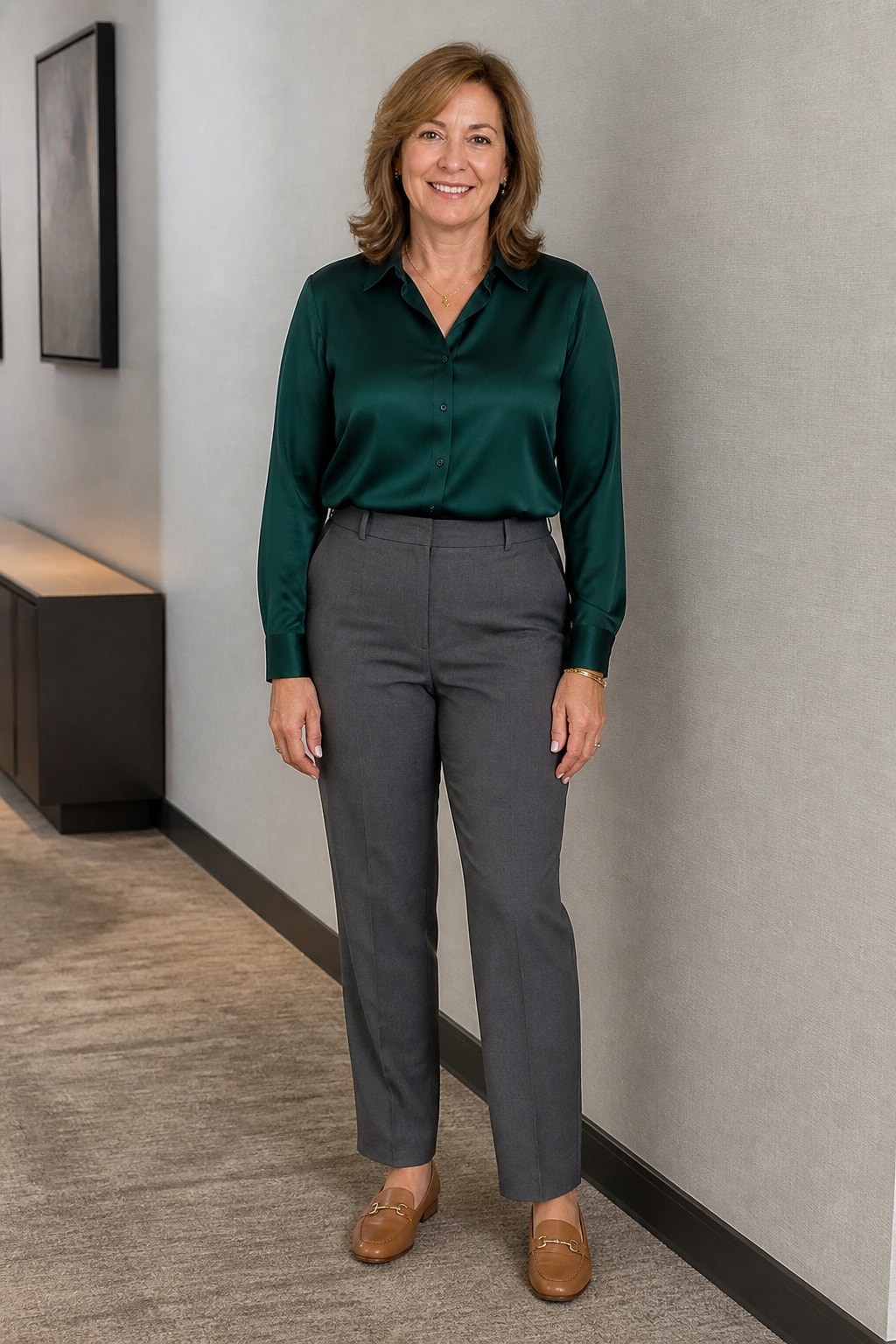 Grey Trousers and Silk Blouse