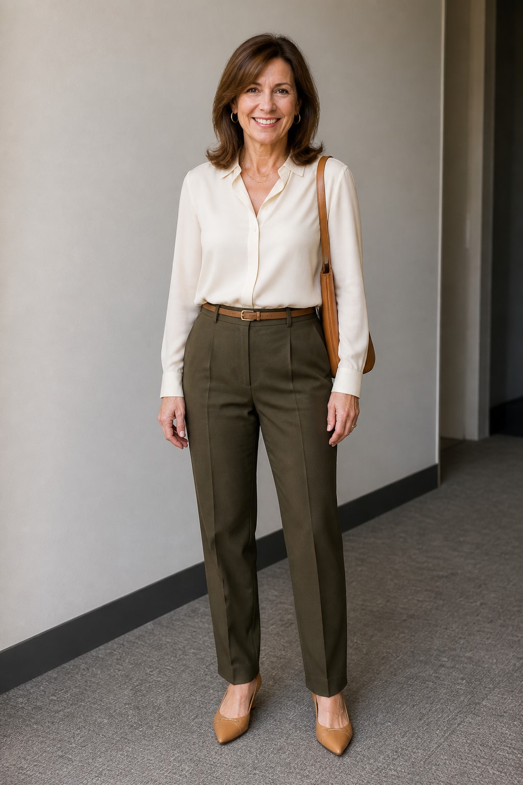 Olive Trousers and Cream Blouse