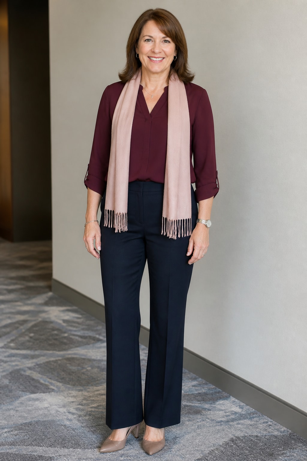 Burgundy Blouse and Navy Trousers