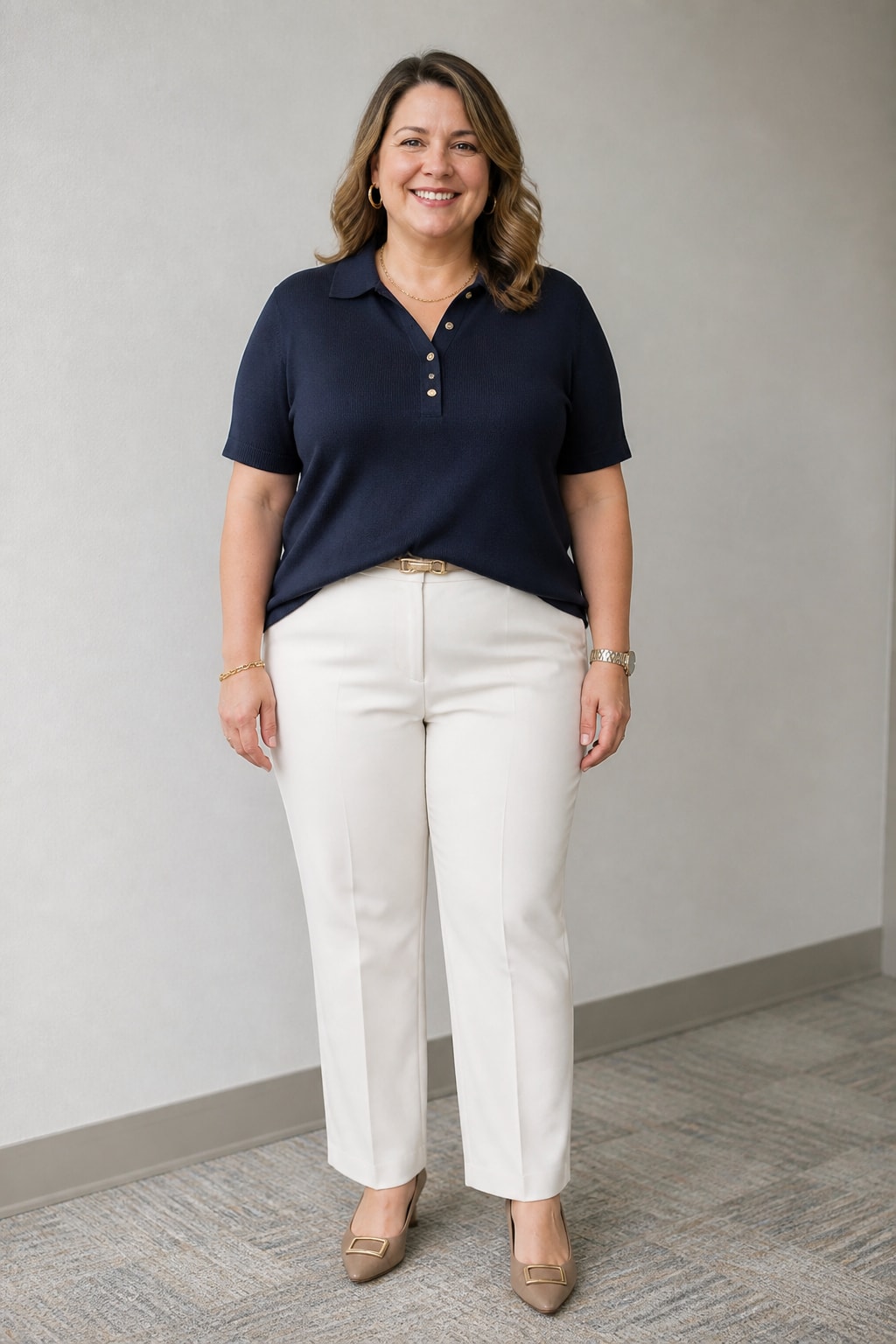 Cream Trousers and Navy Knit Polo