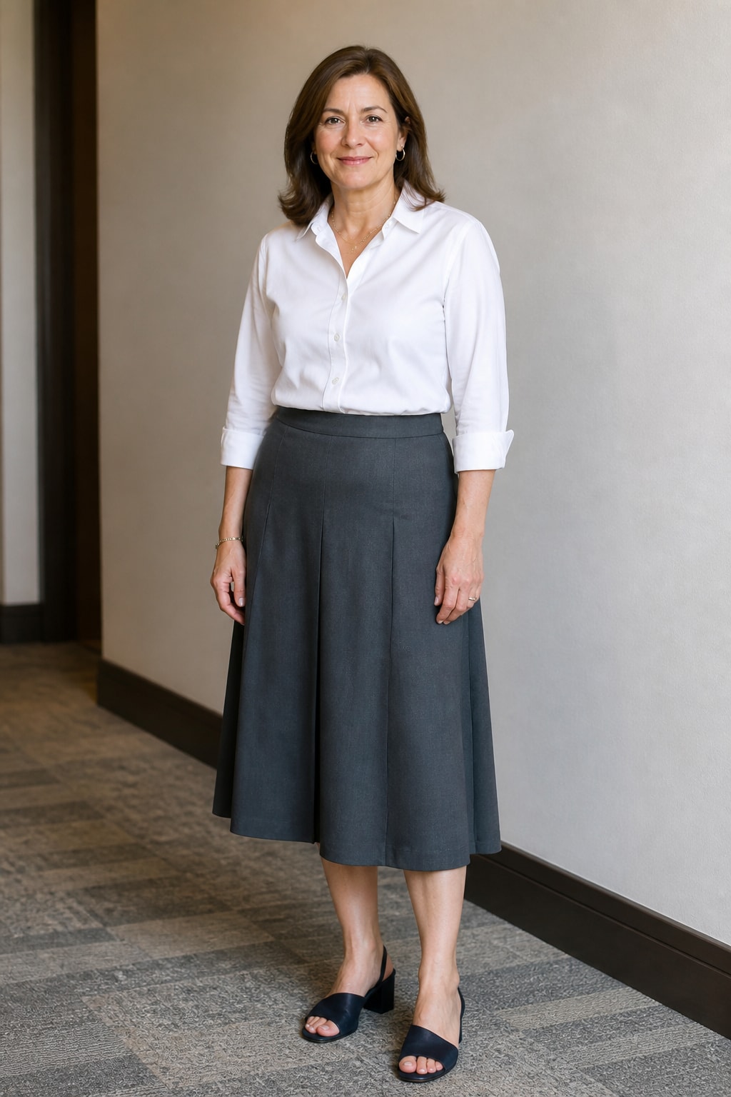 White Oxford and Grey Midi Skirt