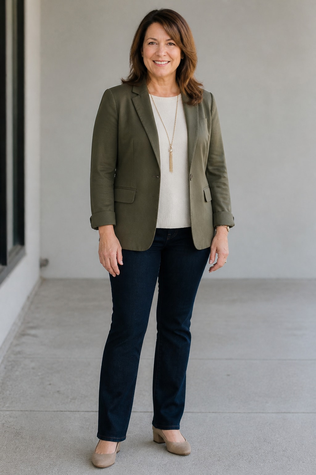 Soft Blazer Over Crewneck and Jeans