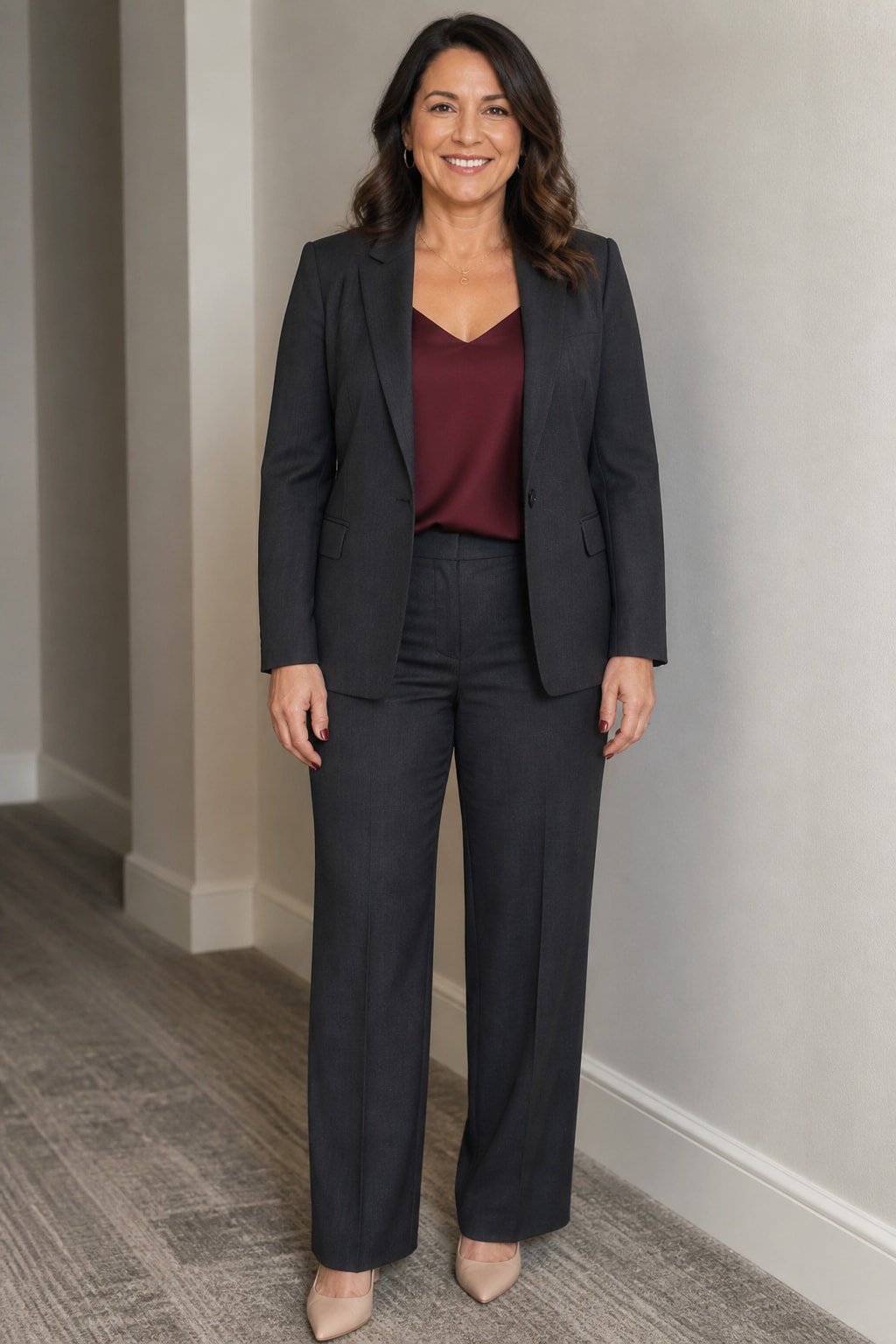 Charcoal Suit and Silk Cami