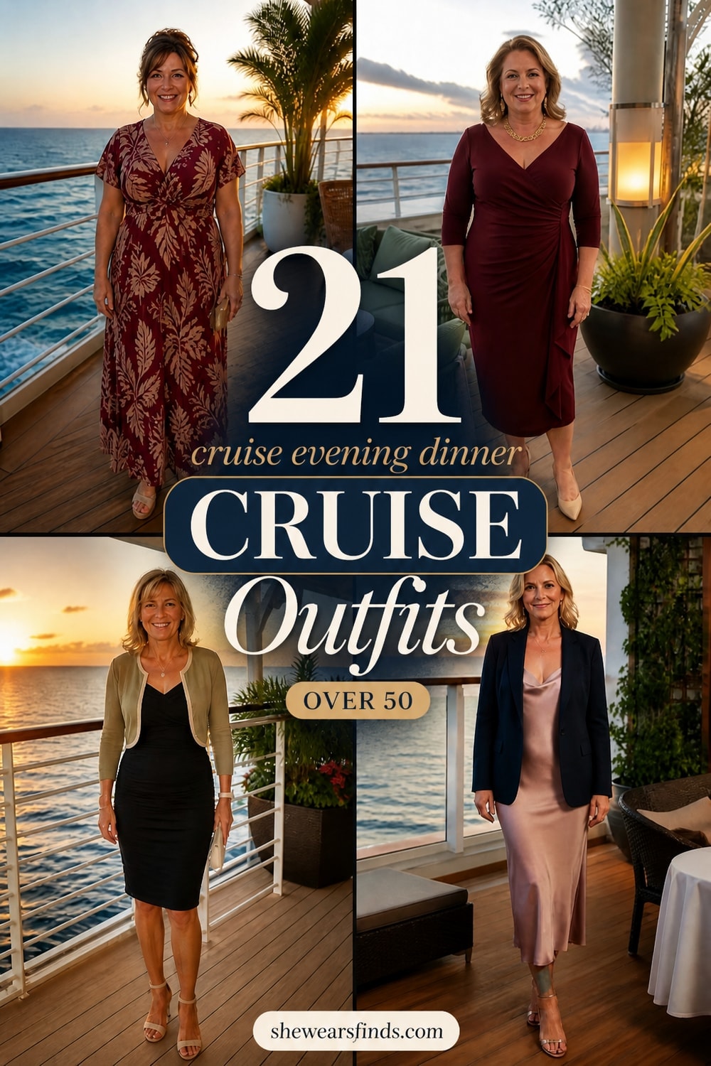 A collage of 21 elegant cruise evening dinner outfits for women over 50 featuring palazzo pants, midi dresses, jumpsuits, and tailored separates in navy, burgundy, emerald, and ne...