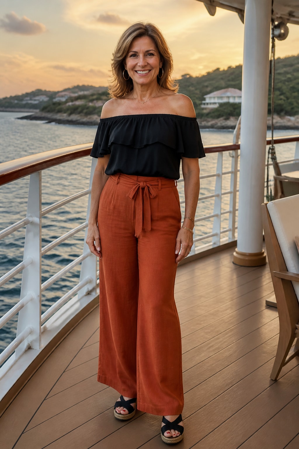 Terracotta Linen and Off-Shoulder Blouse