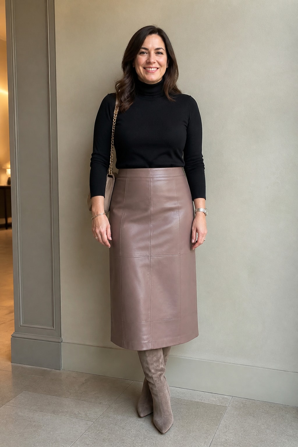 Black Turtleneck and Leather Skirt