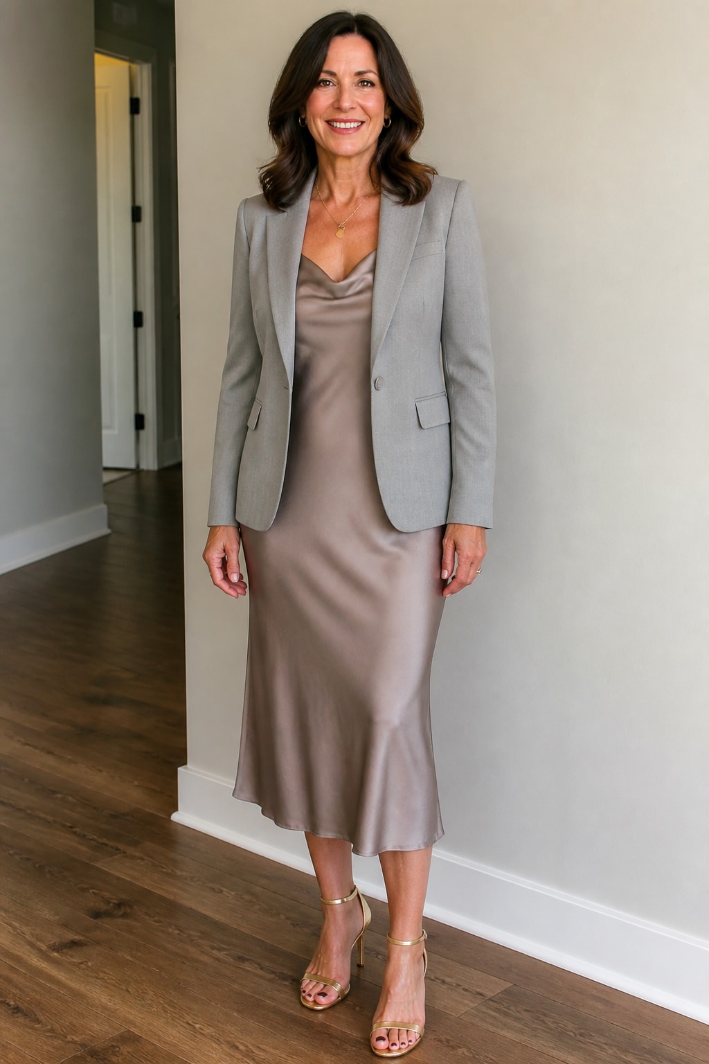 Taupe Satin Midi and Blazer