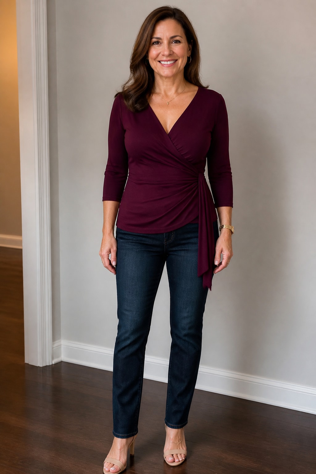 Plum Wrap Top and Jeans