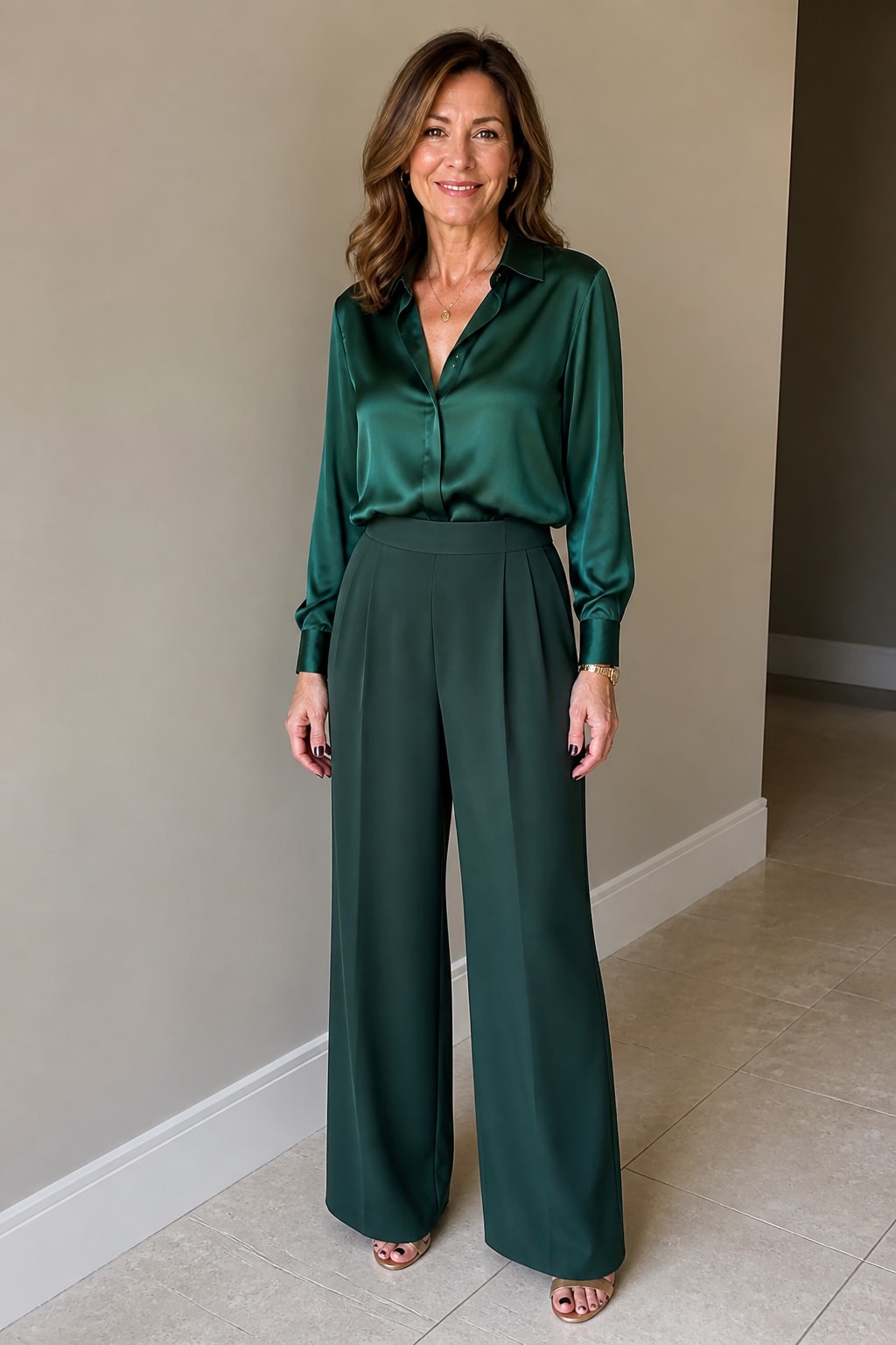 Emerald Satin Blouse and Wide-Leg Trousers