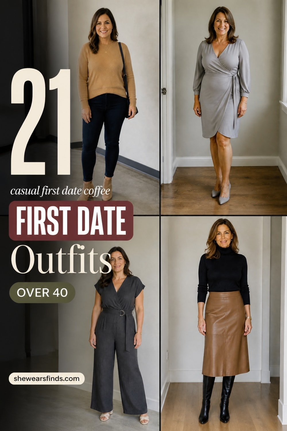 A collage of 21 first date outfit ideas for casual coffee meetings featuring midi dresses, tailored trousers, and polished separates for women over 40.
