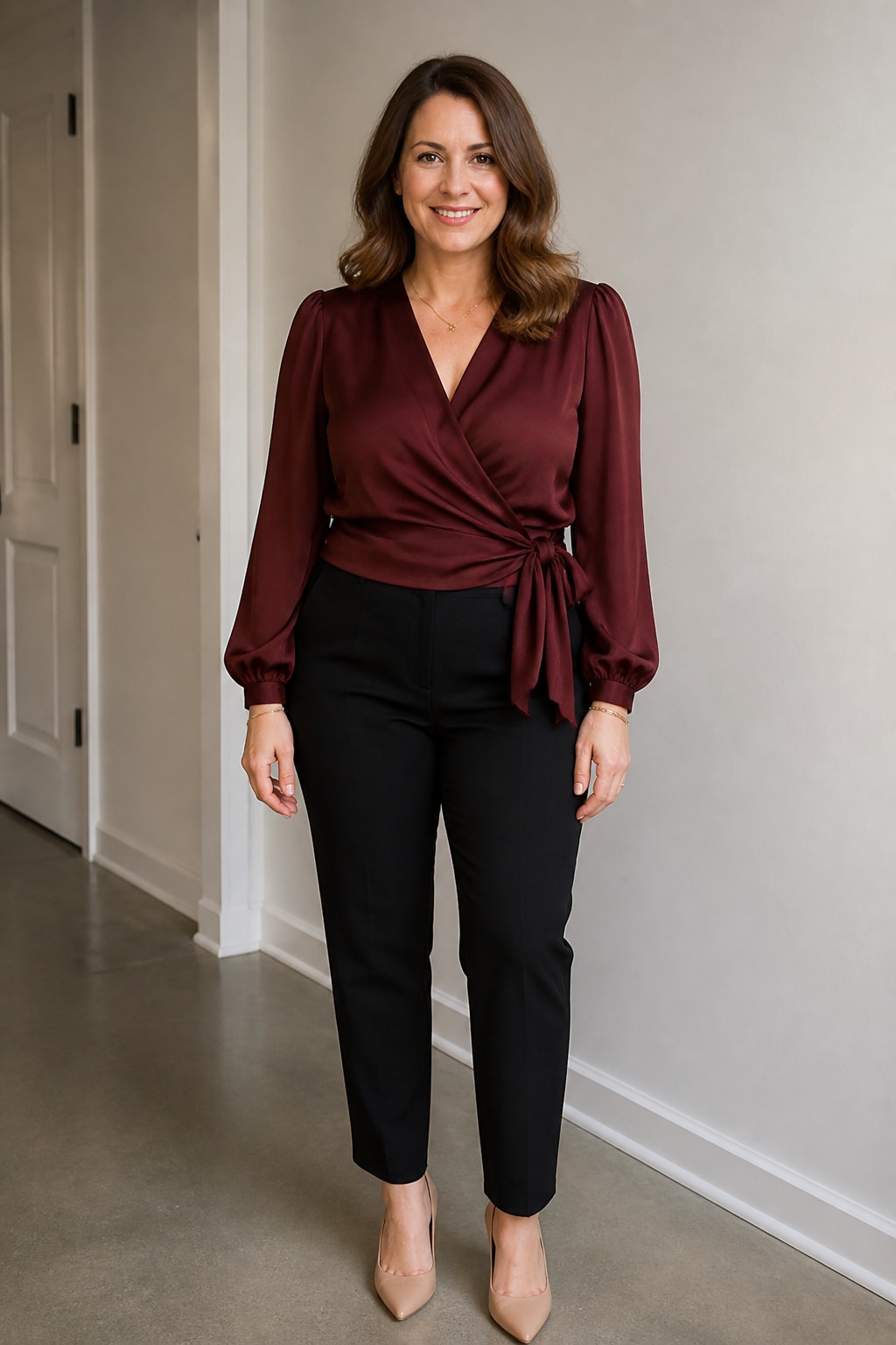 Black Trousers and Silk Wrap Blouse