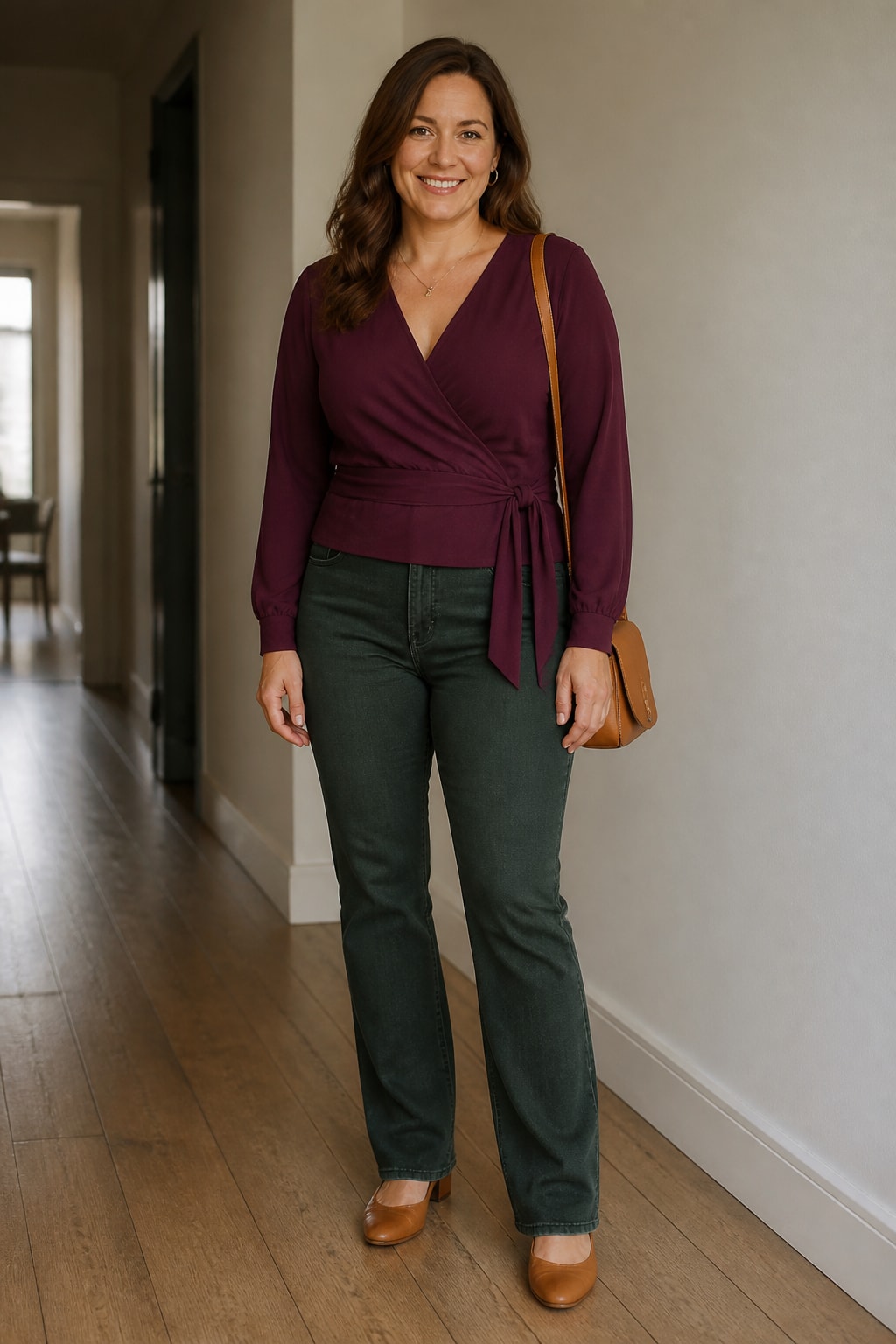 Plum Wrap Top and Straight Jeans