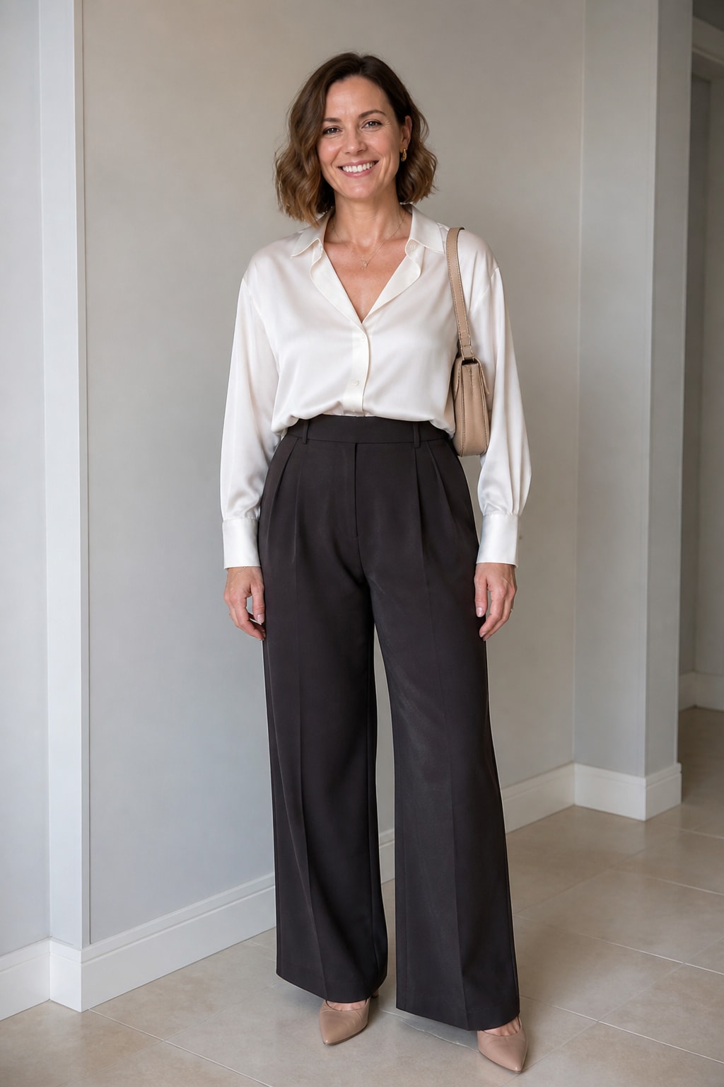White Silk Shirt and Dark Wide-Leg Trousers