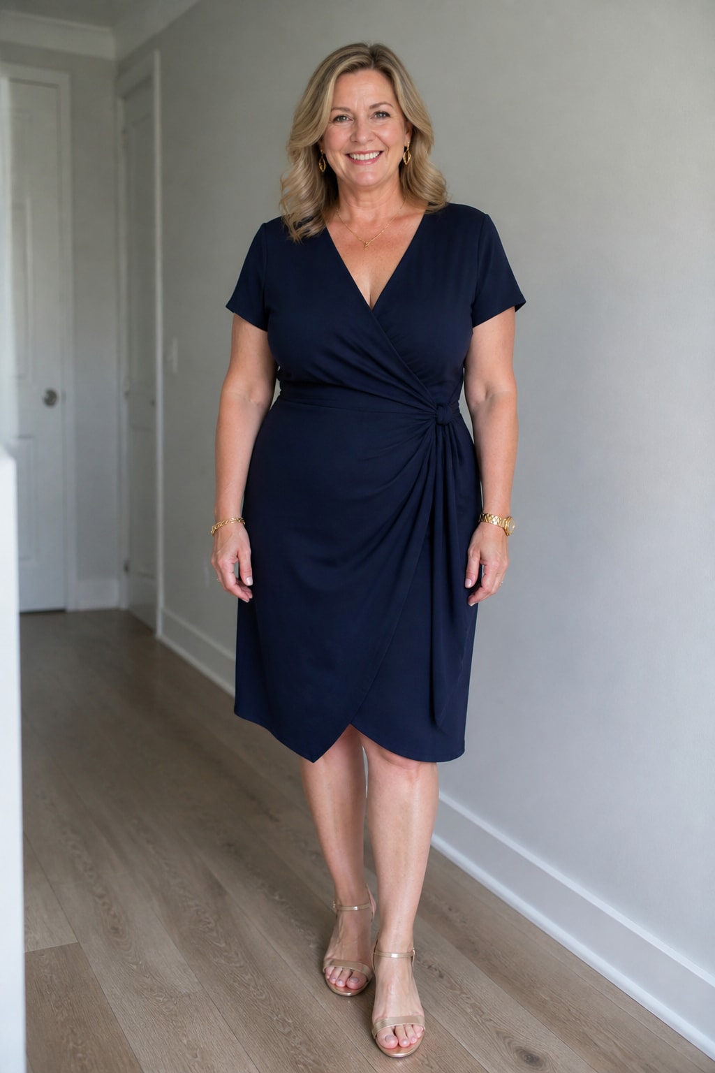 Navy Wrap Dress and Strappy Heels