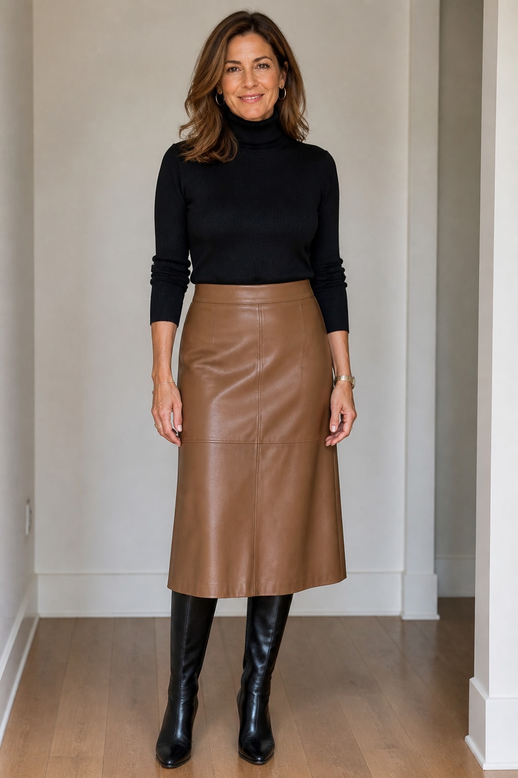 Black Turtleneck and Leather Midi Skirt