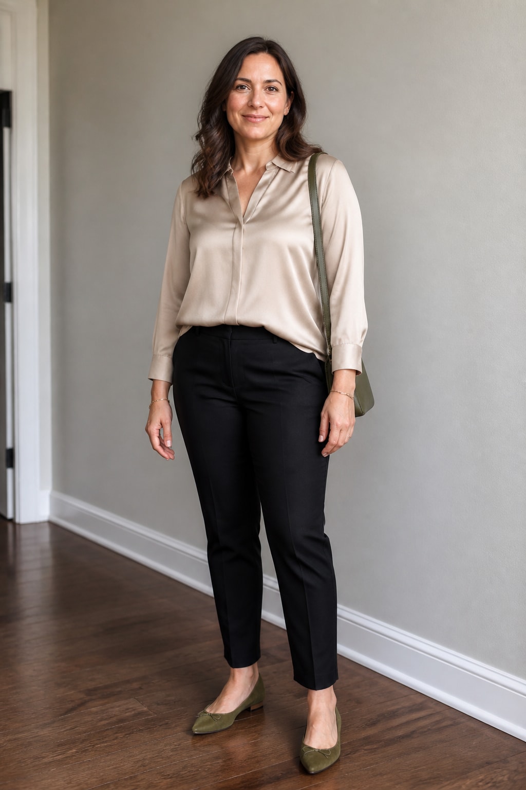 Champagne Blouse and Black Tailored Pants