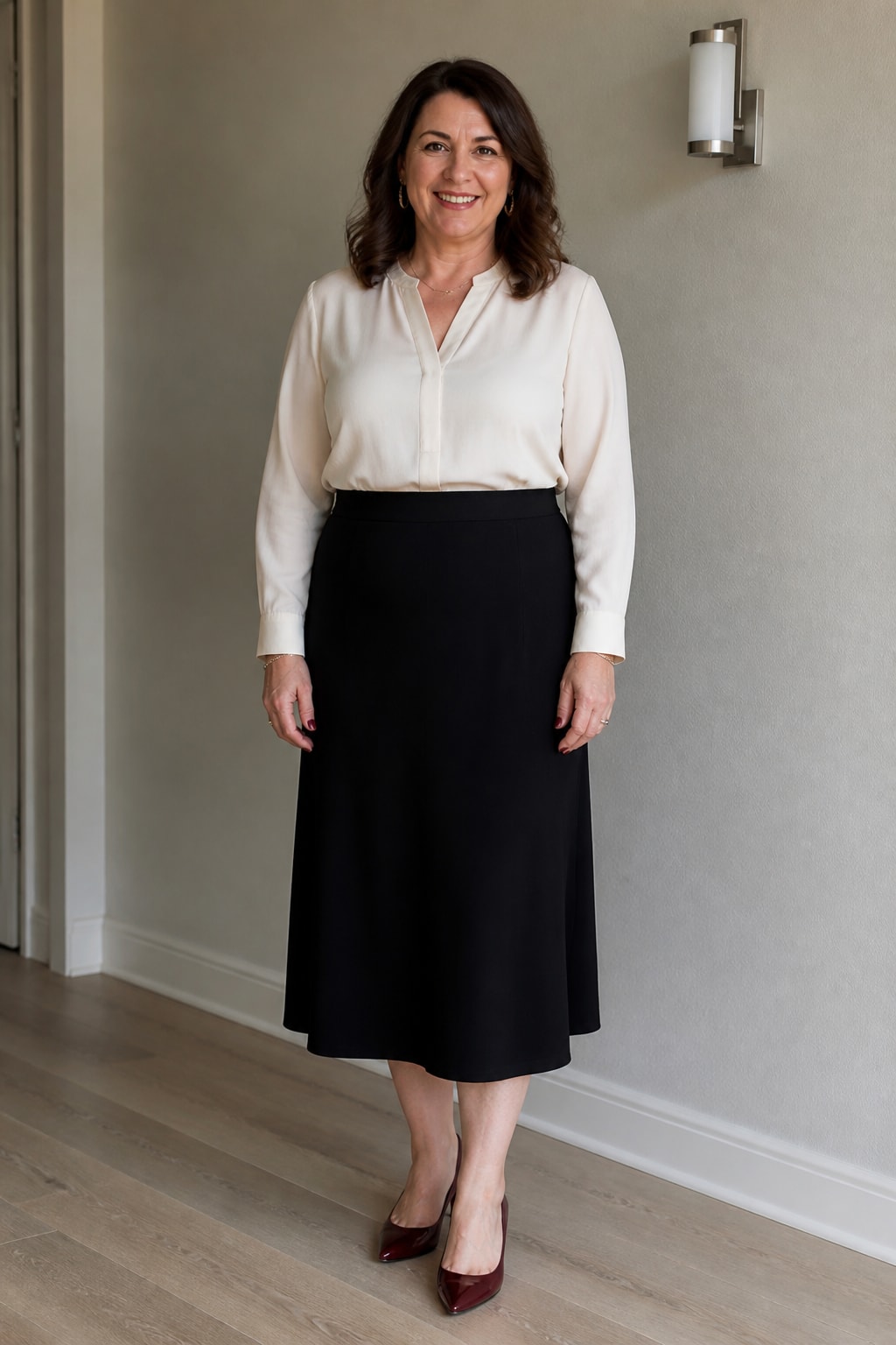 Ivory Blouse and Black Midi Skirt