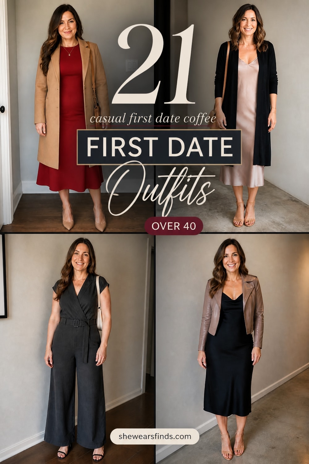 A collage of 21 first date outfit ideas for women over 40 featuring midi dresses, tailored trousers, and silk blouses for a casual coffee date.
