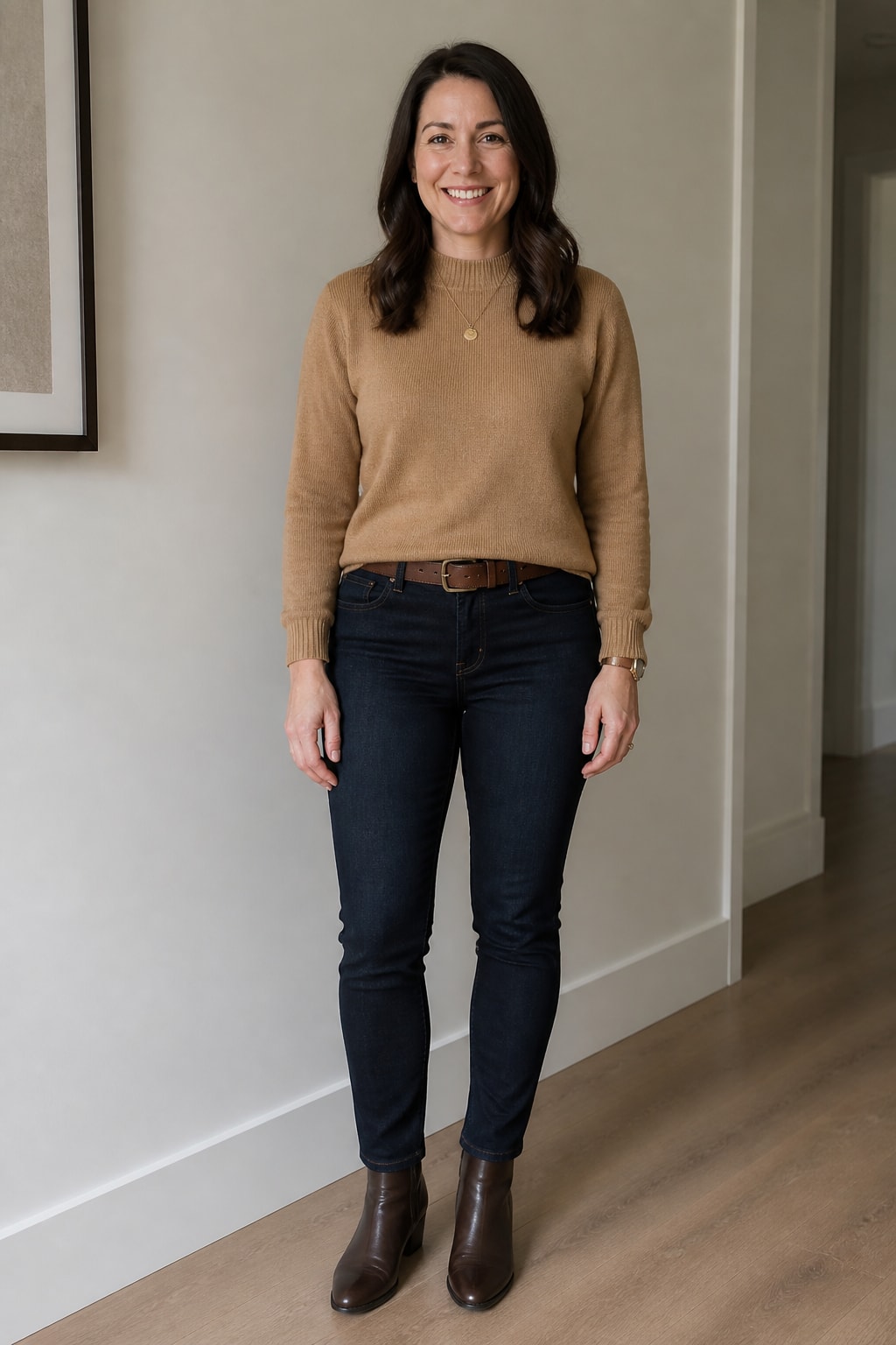 Dark Jeans and Camel Sweater