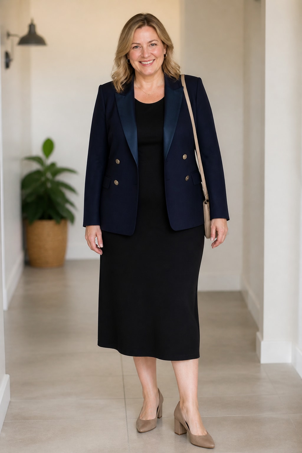 Navy Tuxedo Jacket Over Black Midi