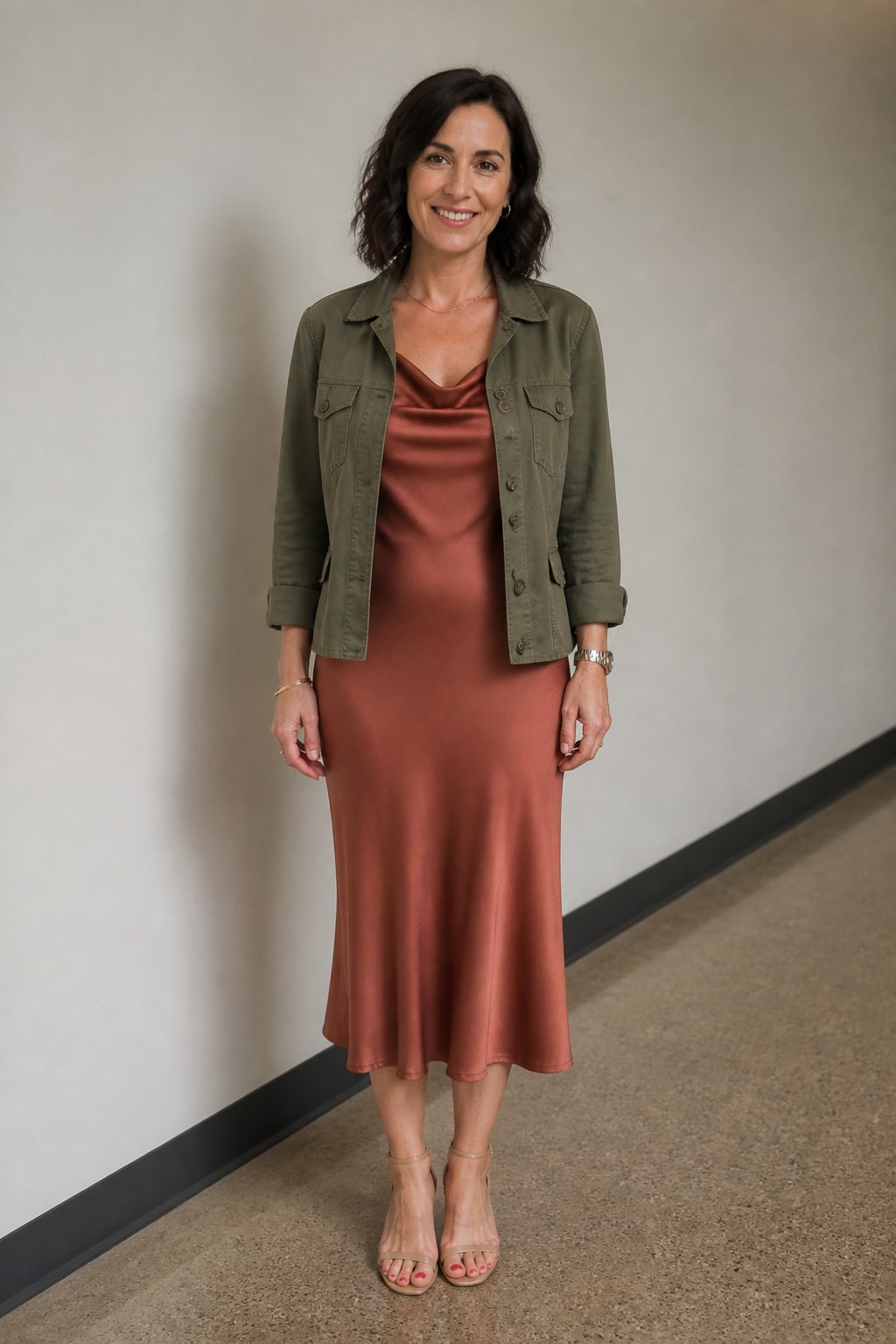 Rust Satin Midi and Sandals