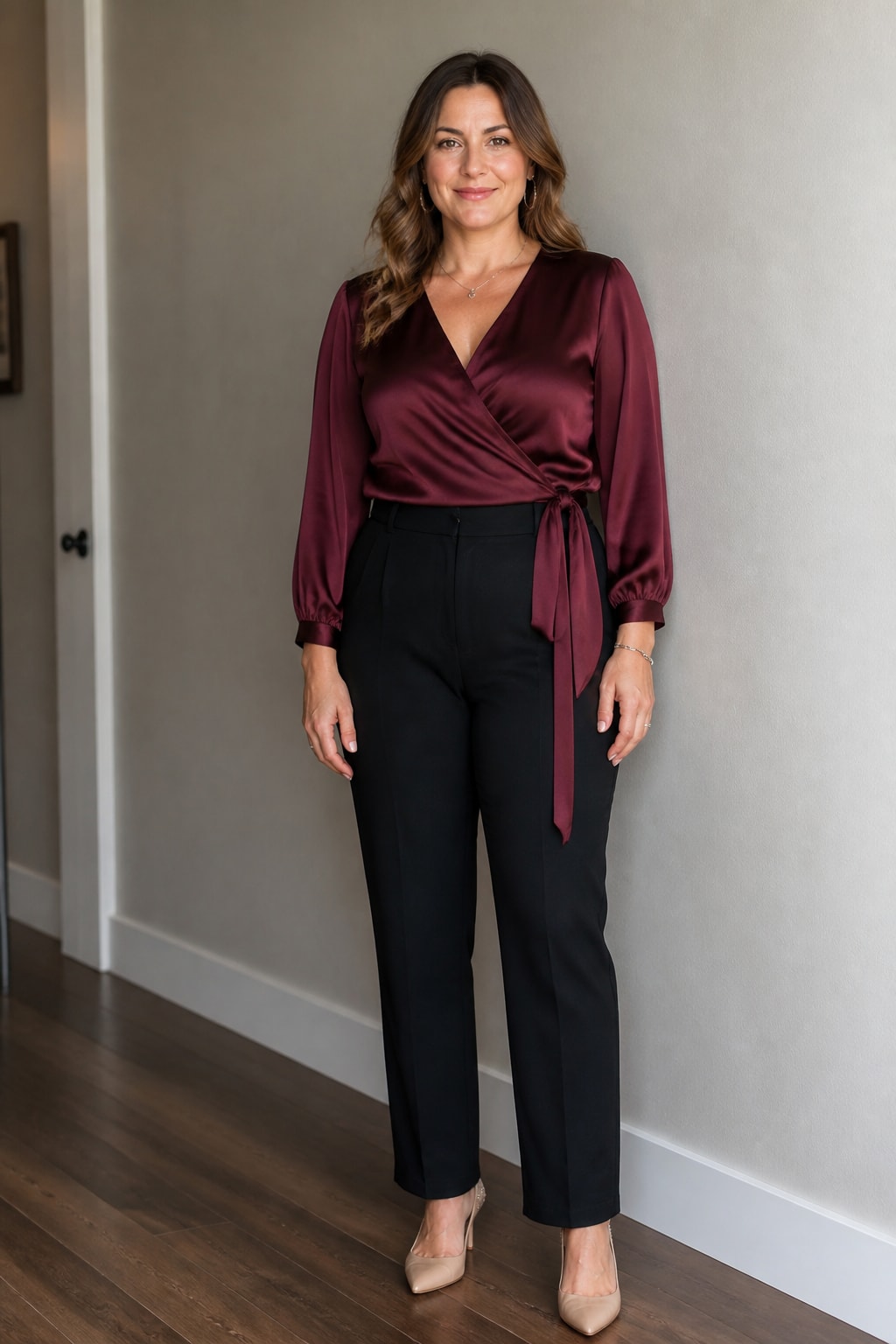 Black Trousers and Silk Wrap Blouse