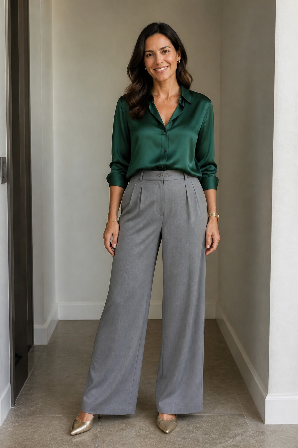 Emerald Satin Blouse and Wide-Leg Trousers