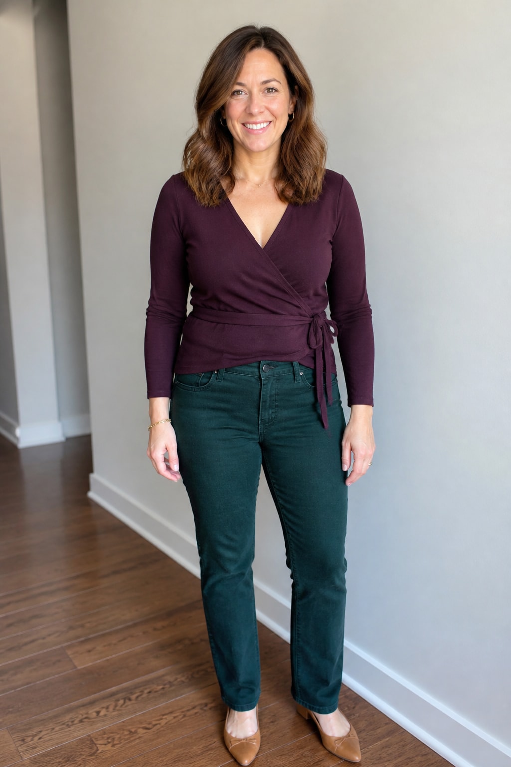 Plum Wrap Top and Straight Jeans