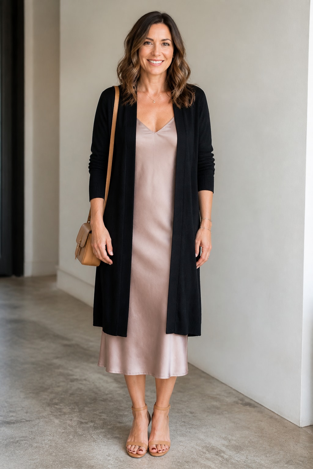 Blush Slip Dress Under Long Cardigan