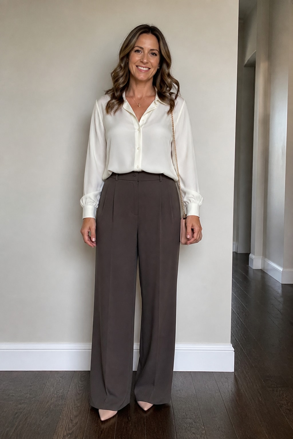 White Silk Shirt and Dark Wide-Leg Trousers