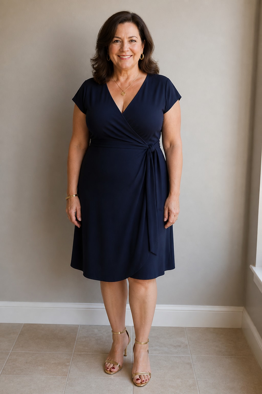 Navy Wrap Dress and Strappy Heels