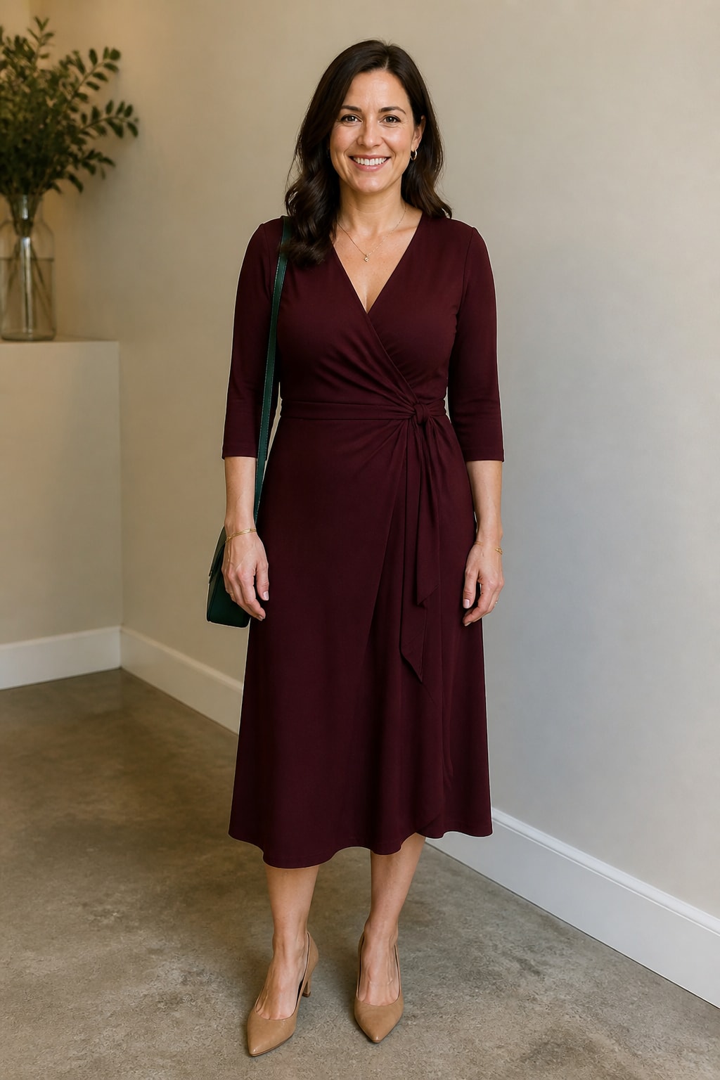 Burgundy Wrap Midi with Three-Quarter Sleeves