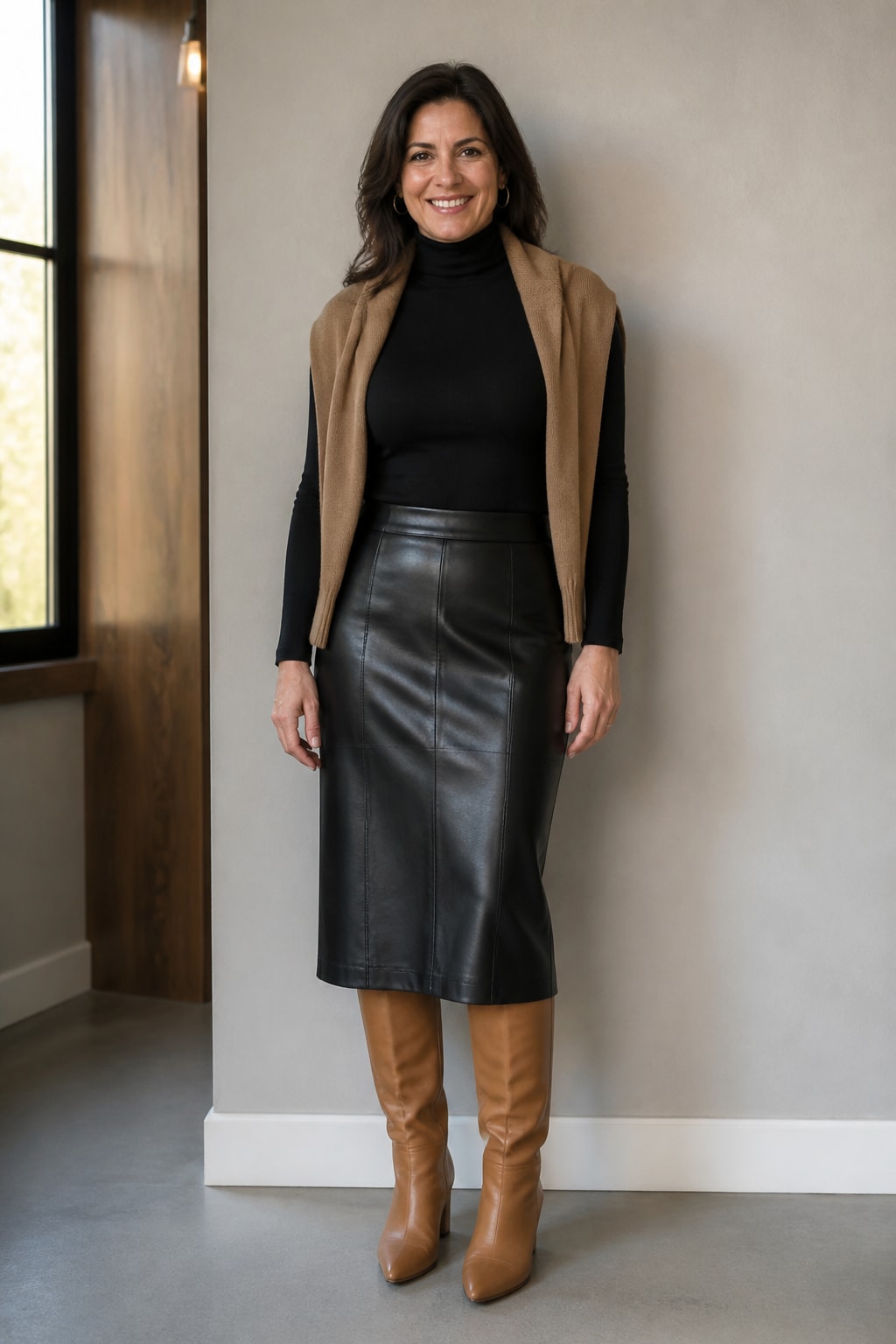 Black Turtleneck, Leather Midi, and Boots
