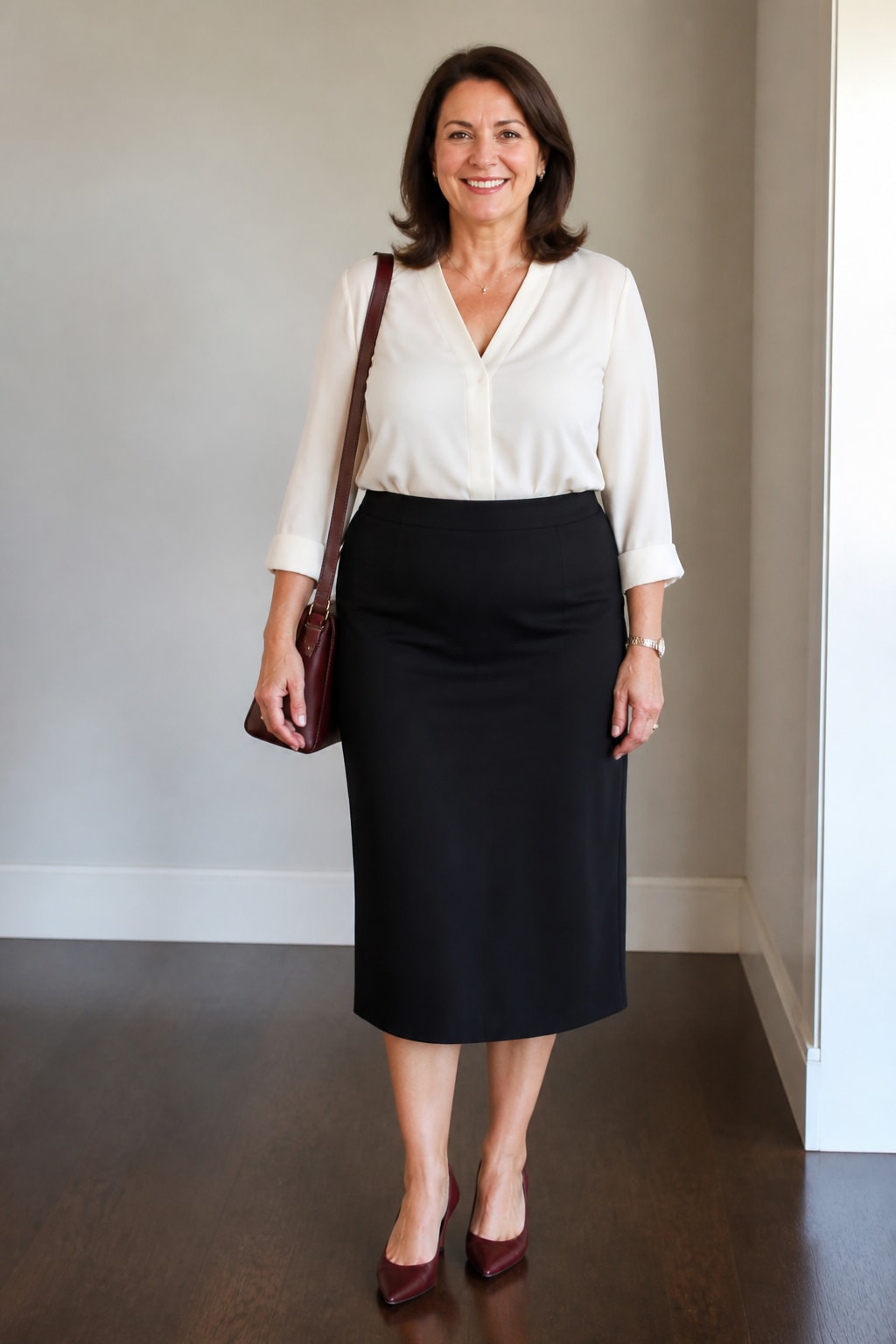 Ivory Blouse, Black Midi Skirt, and Heels