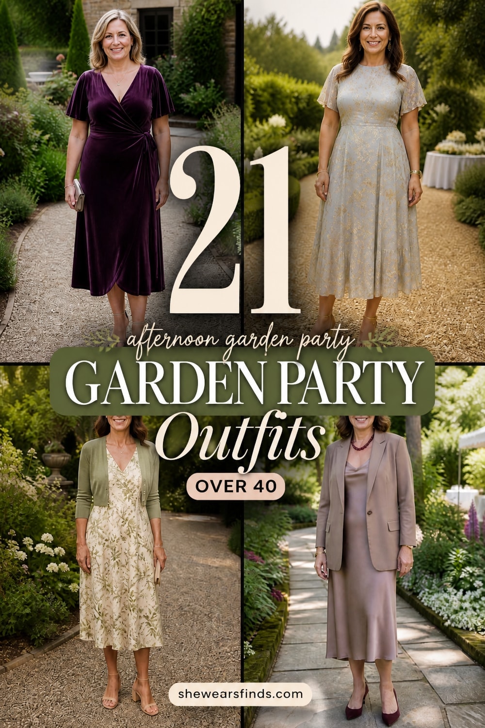 A collage of 21 garden party outfits for women over 40 featuring midi dresses, jumpsuits, and linen separates in florals and jewel tones.