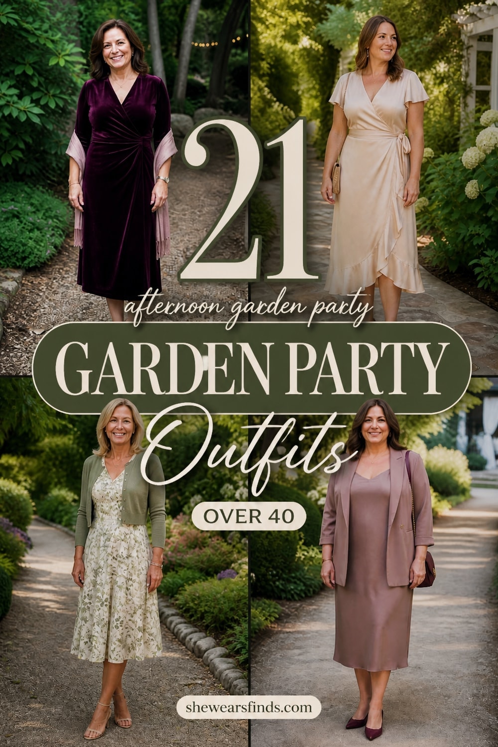 Collage of 21 garden party outfit ideas for women over 40 featuring midi dresses, jumpsuits, and elegant separates in floral prints and solid jewel tones.