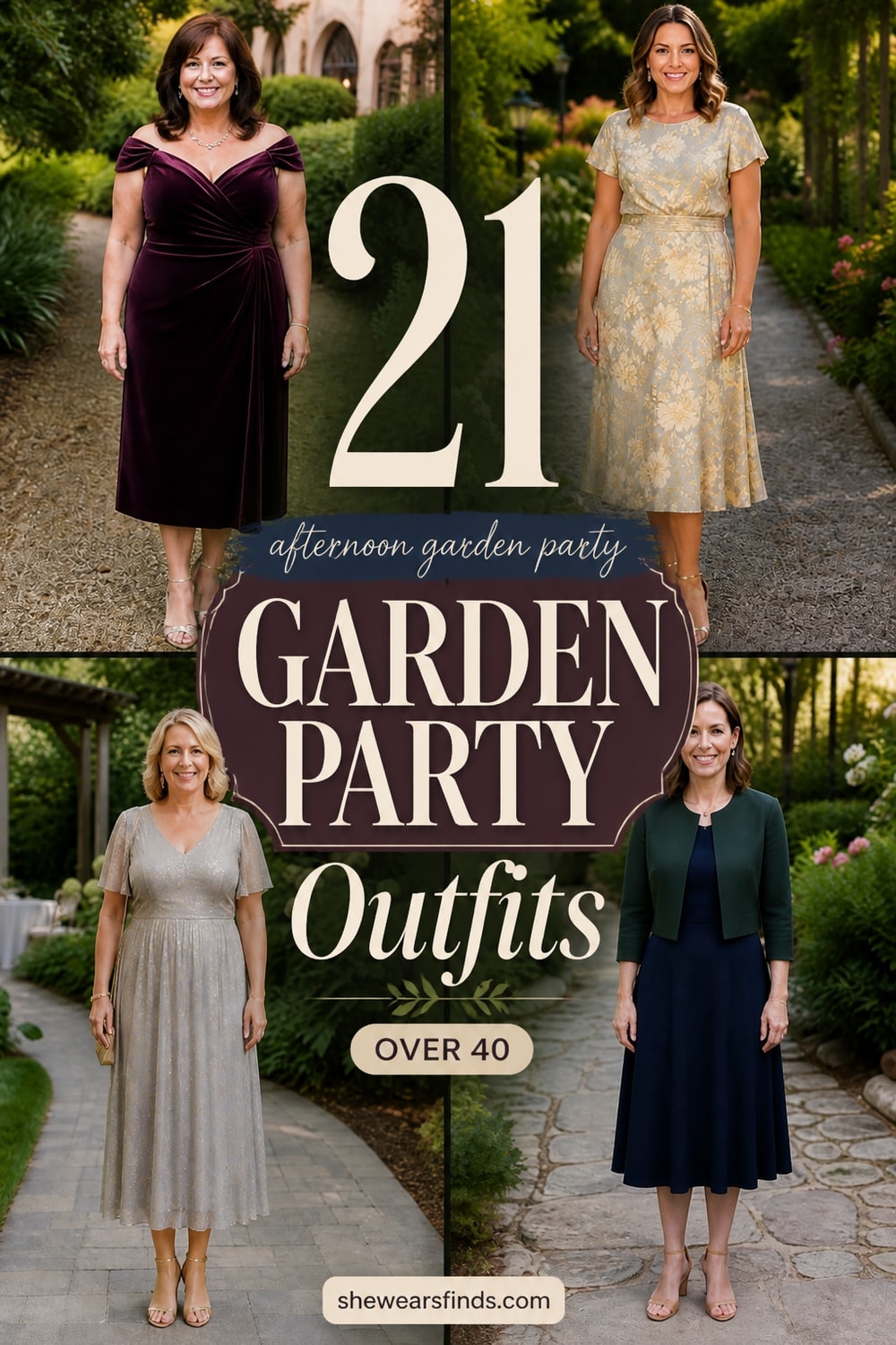 Grid of 21 garden party outfit ideas for women over 40 featuring midi dresses, jumpsuits, and elegant separates in florals and sophisticated neutrals.
