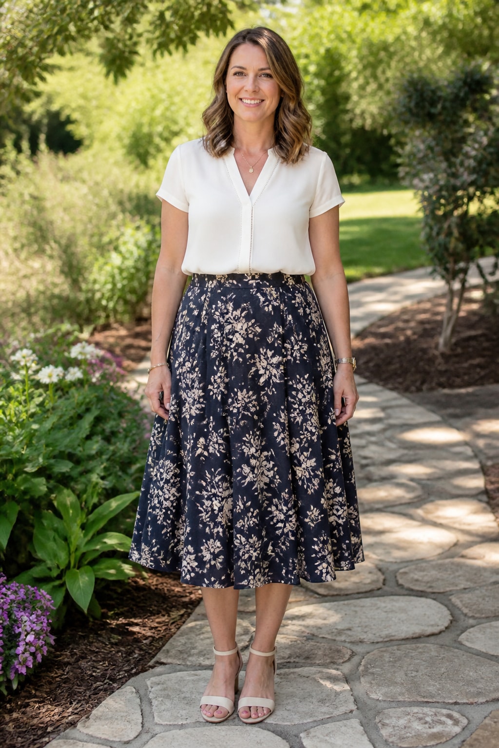Floral Midi and White Blouse